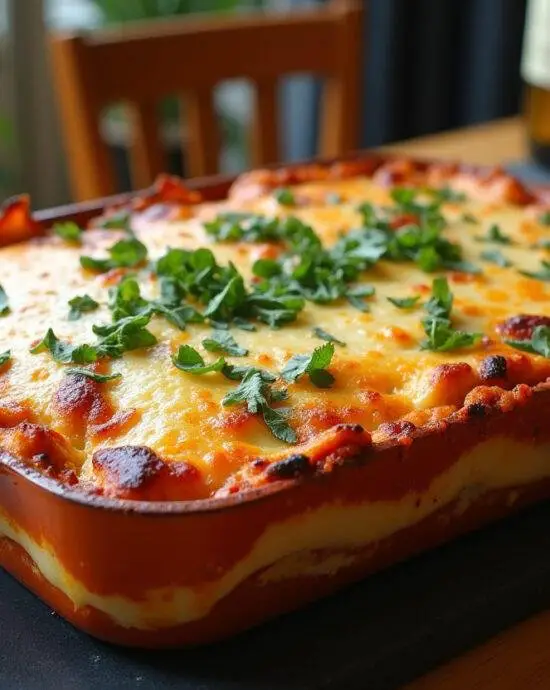 Lasagne aux poireaux végétarienne dorée, présentation finale de ce plat savoureux.