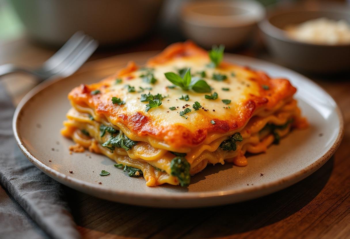 Lasagne aux poireaux végétarienne dorée, présentation finale de ce plat savoureux.