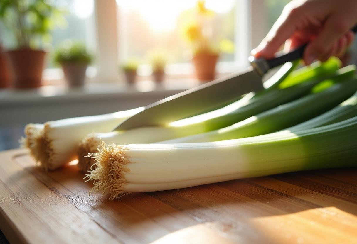 Tranches de poireaux frais sur une planche à découper, lasagne aux poireaux ingrédients frais.