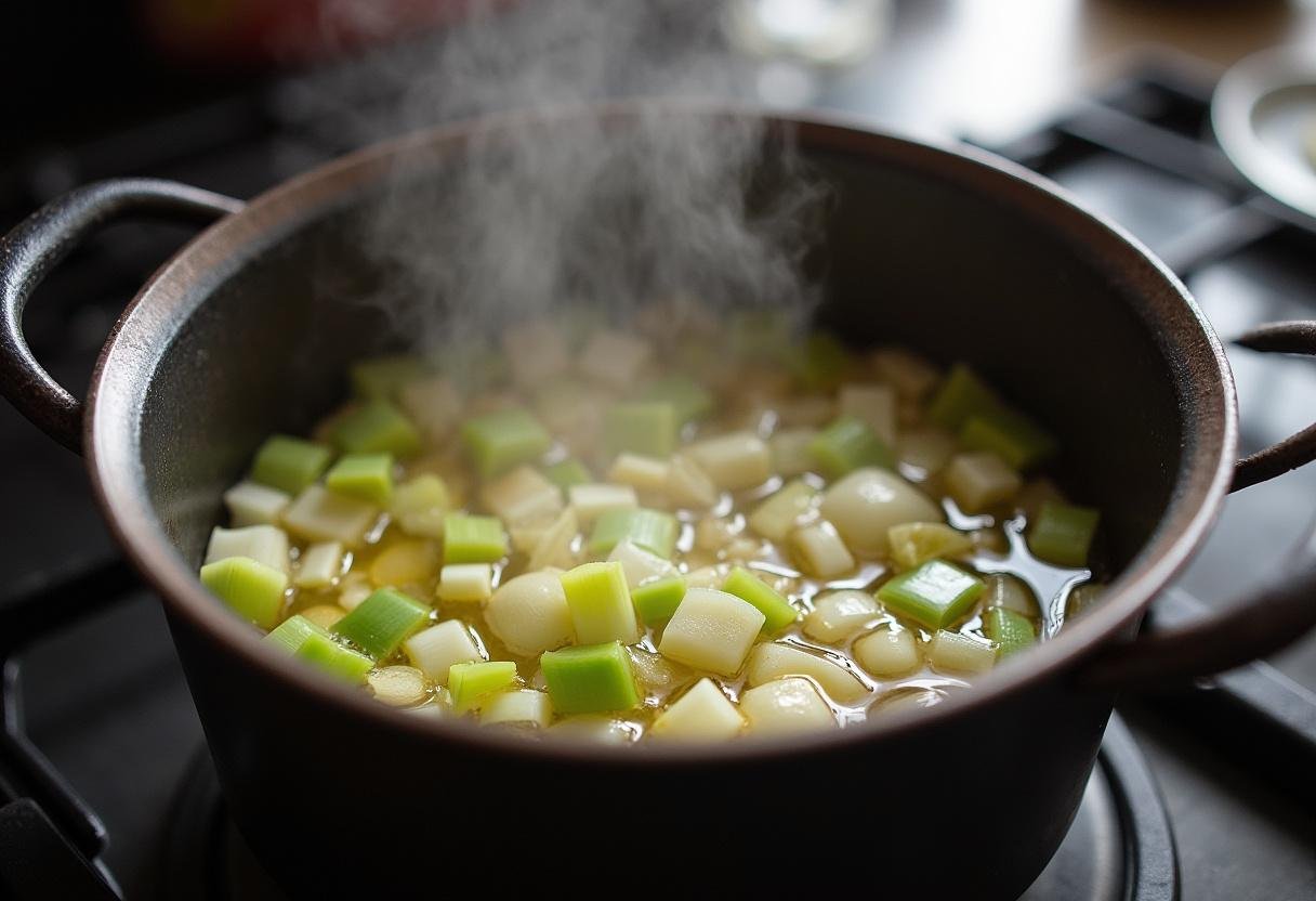 Mélange de poireaux et d'ail dans une casserole, préparation des lasagnes aux poireaux savoureuses.