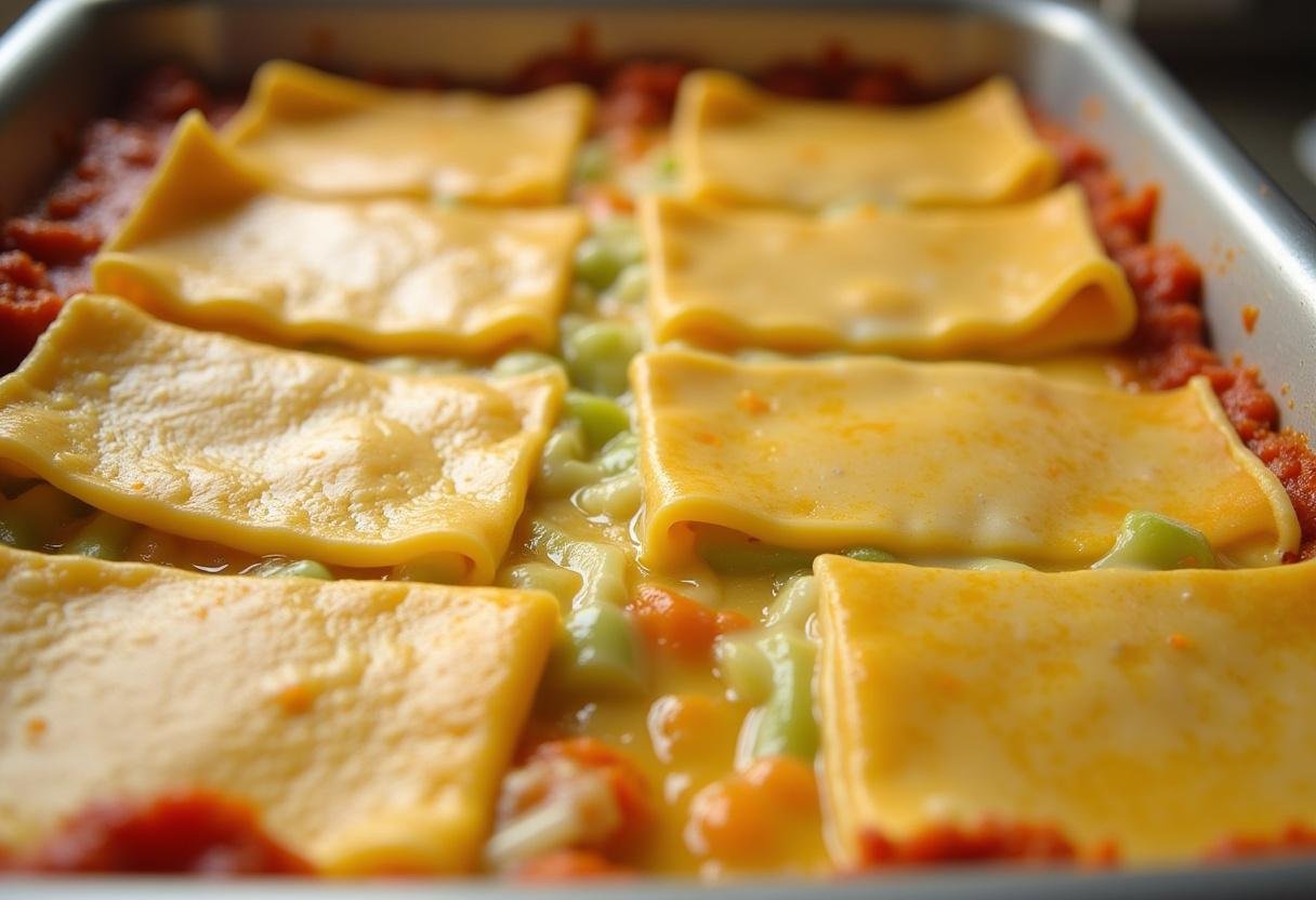 Feuilles de lasagne superposées avec poireaux et béchamel, préparation des lasagnes au poireau crémeux.