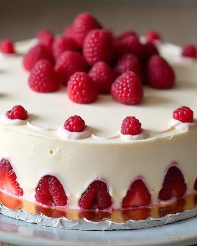 Gateau le framboisier terminé et élégant sur une table, mettant en valeur ses couches de garniture framboise et mousse, parfait pour une occasion spéciale.