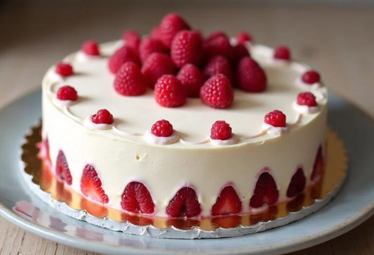 Gateau le framboisier terminé et élégant sur une table, mettant en valeur ses couches de garniture framboise et mousse, parfait pour une occasion spéciale.