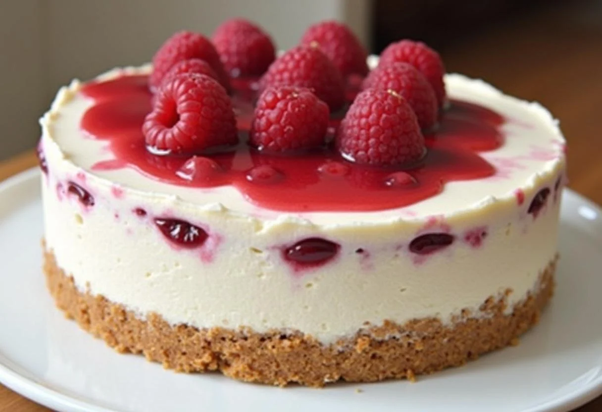 Gateau le framboisier terminé et élégant sur une table, mettant en valeur ses couches de garniture framboise et mousse, parfait pour une occasion spéciale.