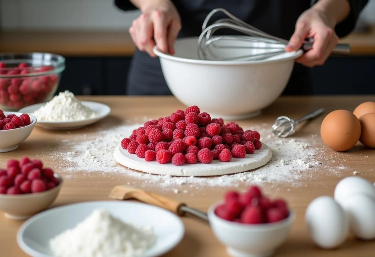 IngrĂ©dients frais pour le gateau le framboisier, y compris des framboises, de la farine, du sucre et des Ćufs sur un plan de travail.