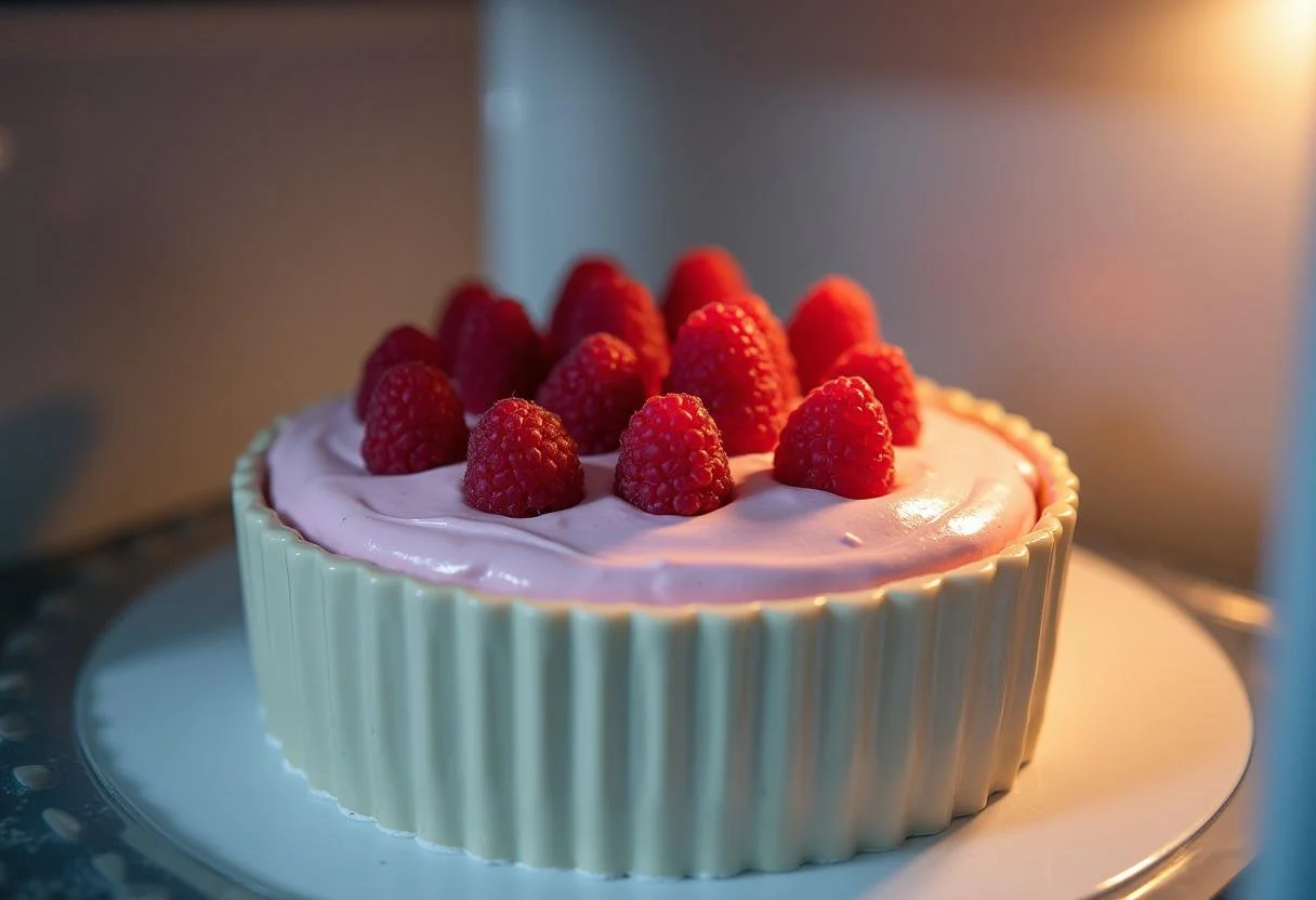 Moule à gateau le framboisier mis au réfrigérateur pour solidifier la mousse framboise, dans un environnement de cuisine frais.