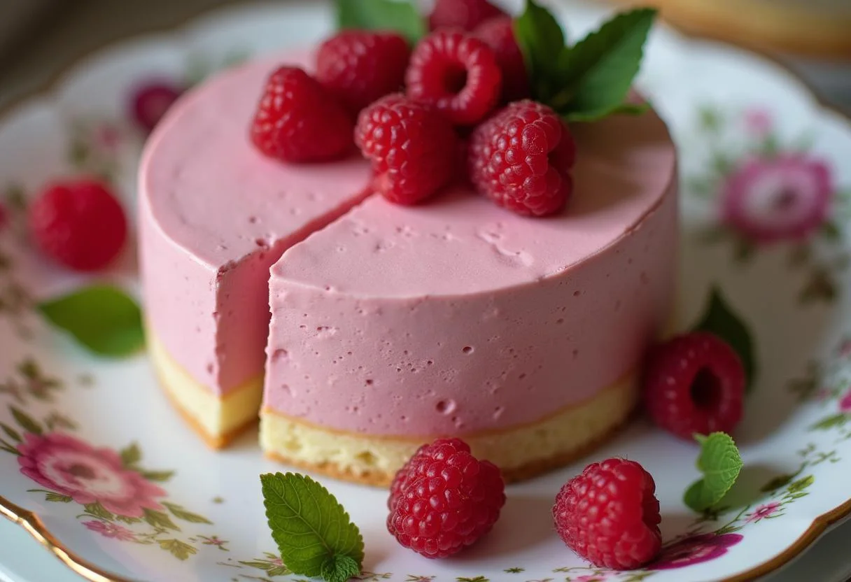 Le gateau mousse framboise sur un plat dĂ©coratif, avec des framboises fraĂźches et des feuilles de menthe, prĂȘt Ă ĂȘtre servi.