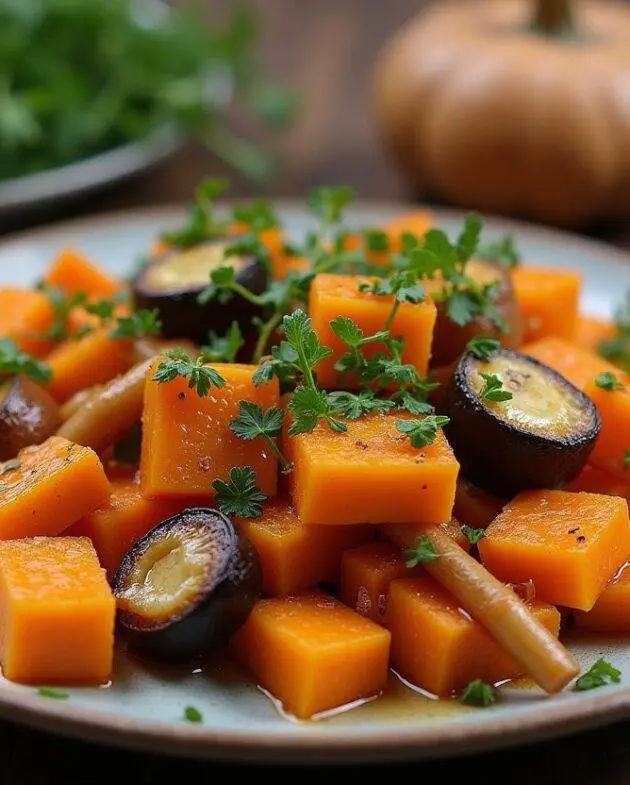 Un plat magnifique de légumes rôtis au miel, avec de la courge butternut et des carottes, décoré d'herbes fraîches, prêt à être dégusté.