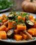 Un plat magnifique de légumes rôtis au miel, avec de la courge butternut et des carottes, décoré d'herbes fraîches, prêt à être dégusté.