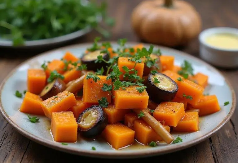 Un plat magnifique de légumes rôtis au miel, avec de la courge butternut et des carottes, décoré d'herbes fraîches, prêt à être dégusté.