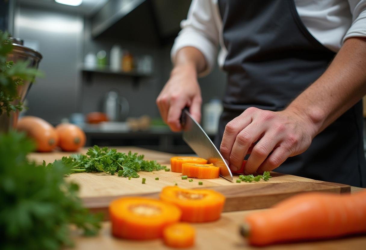 Un chef prépare des légumes, y compris de la courge butternut et des carottes, pour faire des légumes rôtis au four, mettant en avant leur fraîcheur.