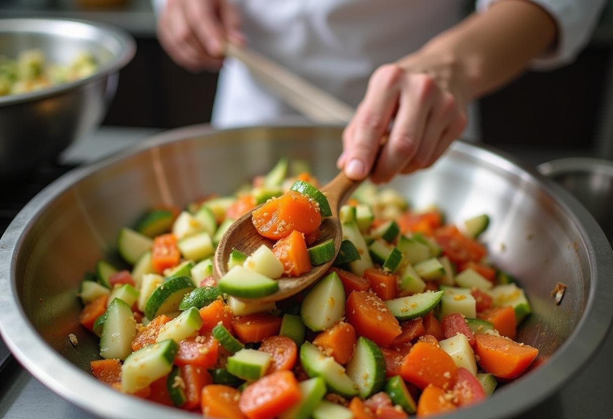 Le chef mélange des carottes et des légumes avec du miel et de l'huile d'olive dans un grand bol, prêts pour la cuisson au four.