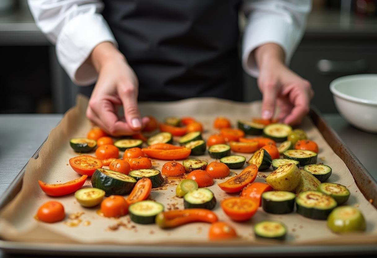 Des morceaux de légumes rôtis, y compris la courge butternut, sont soigneusement disposés sur une plaque de cuisson pour une cuisson parfaite au four.