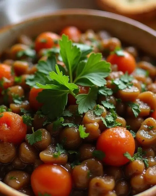 Présentation des lentilles marocaines dans un bol rustique, ornées de coriandre fraîche et servis avec du pain chaud.