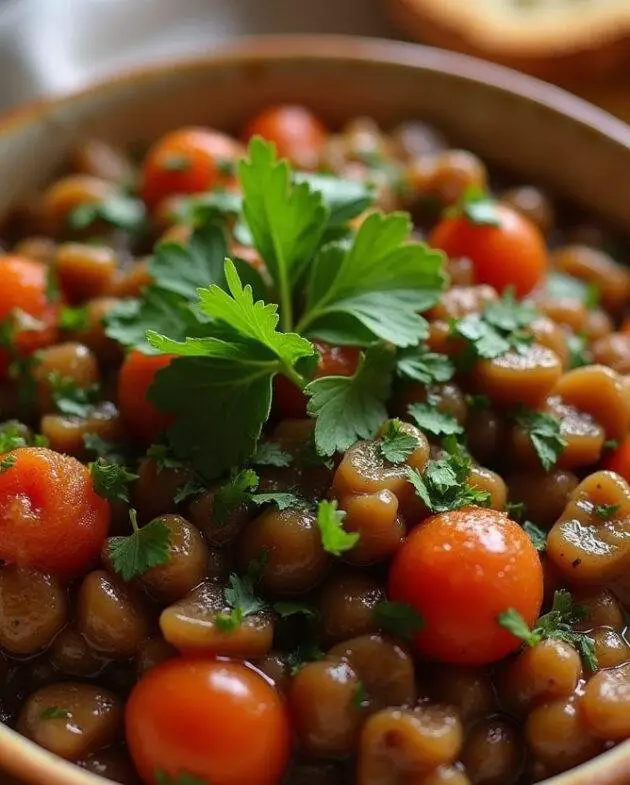 Présentation des lentilles marocaines dans un bol rustique, ornées de coriandre fraîche et servis avec du pain chaud.