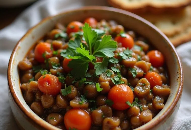 Présentation des lentilles marocaines dans un bol rustique, ornées de coriandre fraîche et servis avec du pain chaud.