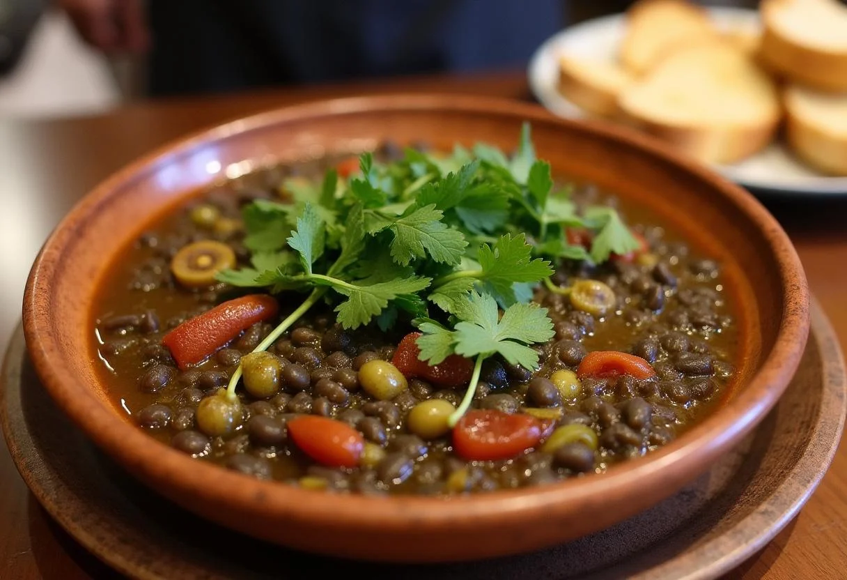 Présentation des lentilles marocaines dans un bol rustique, ornées de coriandre fraîche et servis avec du pain chaud.