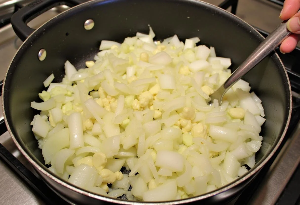 Préparation de lentilles marocaines avec des oignons et de l'ail dans une casserole en inox, l'huile d'olive scintillant sur le feu.