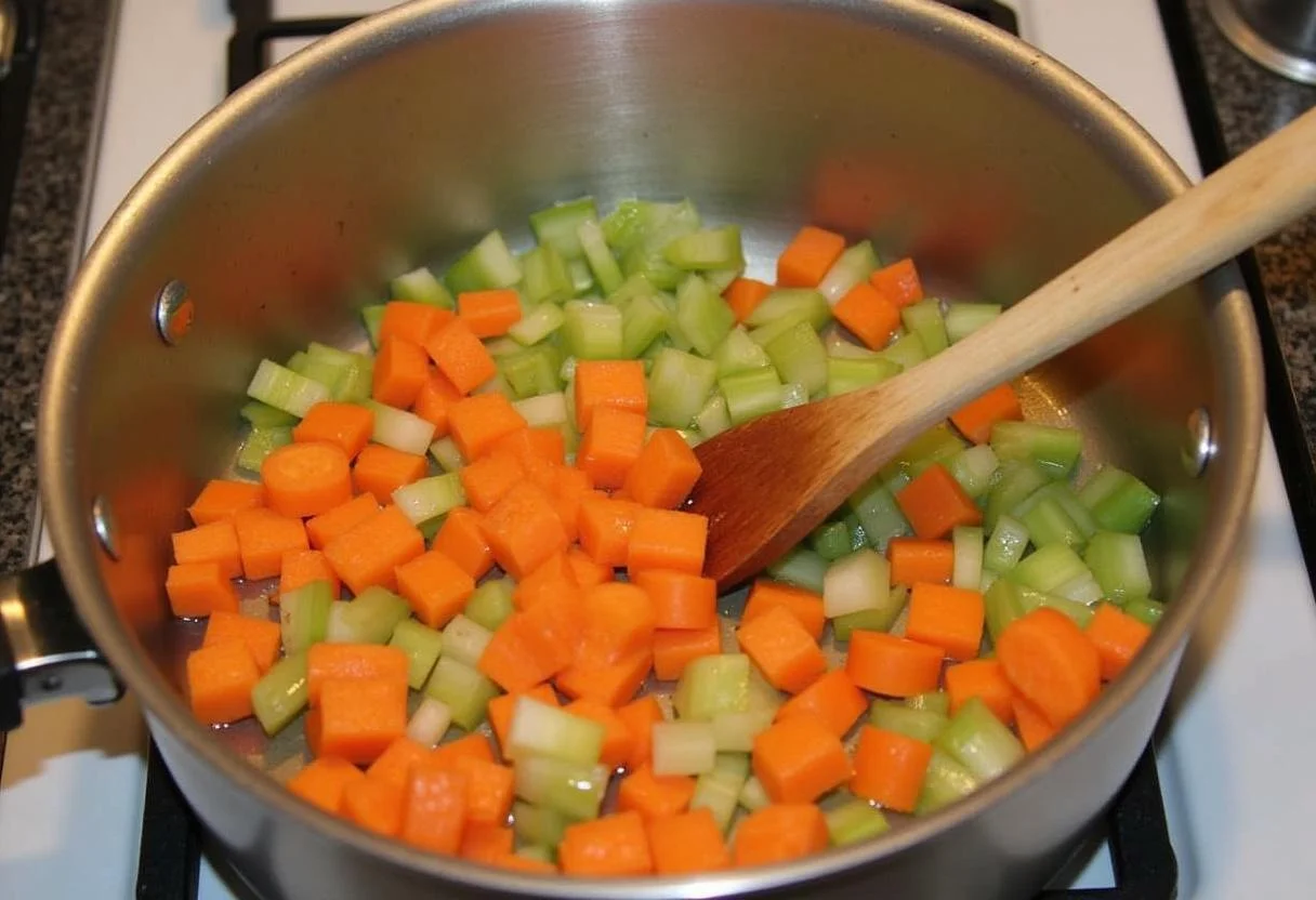 Ajout de carottes, céleri, et poivrons en dés dans la casserole contenant les lentilles marocaines, les légumes colorés cuisant à la perfection.