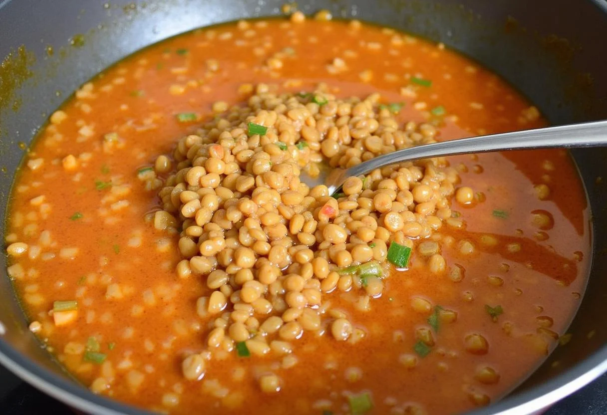 Incorporation de lentilles rincées et d'épices dans la casserole, créant un mélange délicieux pour une recette de lentilles marocaines.