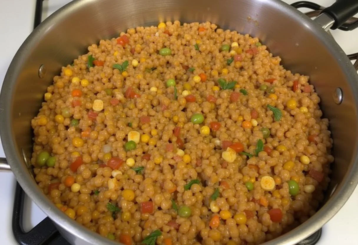 Lentilles marocaines mijotant doucement dans la casserole, avec un couvercle légèrement ouvert pour permettre à la vapeur de s'échapper.