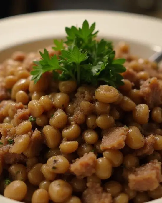 Un plat délicieux de lentilles aux lardons, garni de persil frais, prêt à savourer.