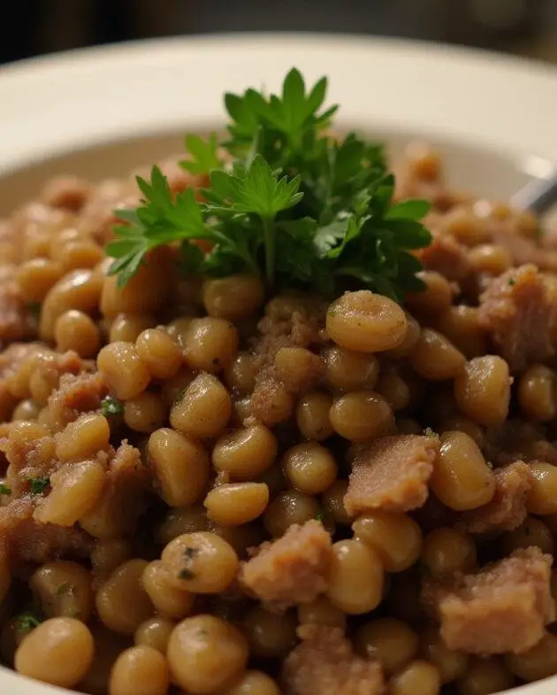 Un plat délicieux de lentilles aux lardons, garni de persil frais, prêt à savourer.