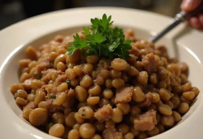 Un plat délicieux de lentilles aux lardons, garni de persil frais, prêt à savourer.