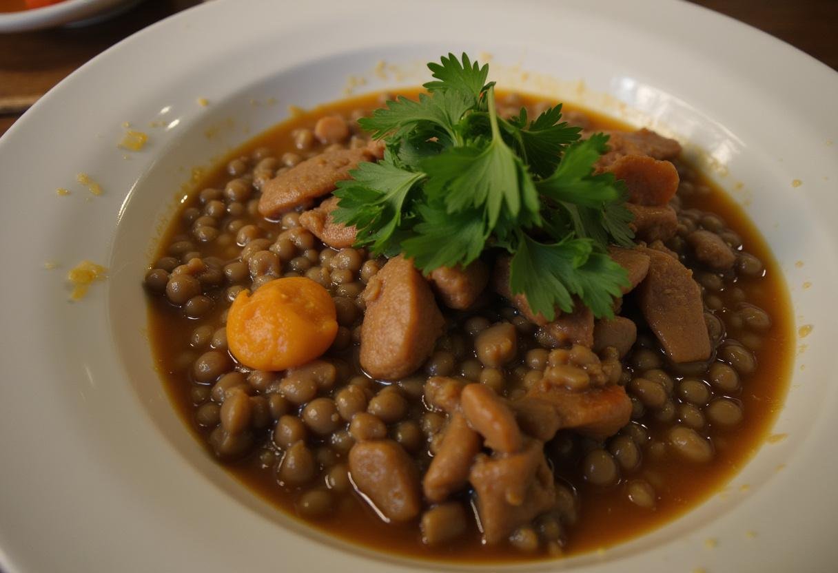 Un plat délicieux de lentilles aux lardons, garni de persil frais, prêt à savourer.