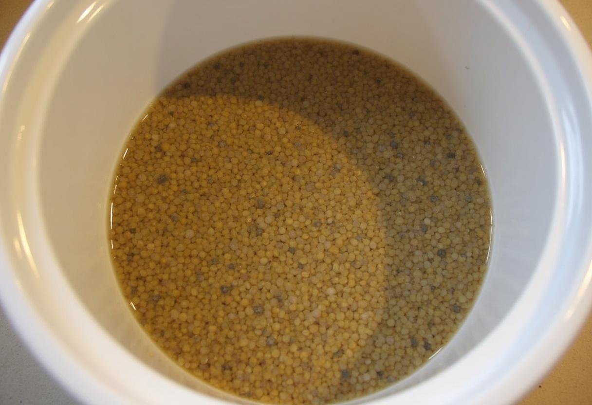 Rinçage des lentilles dans une grande casserole, préparation pour des lentilles aux lardons faciles.