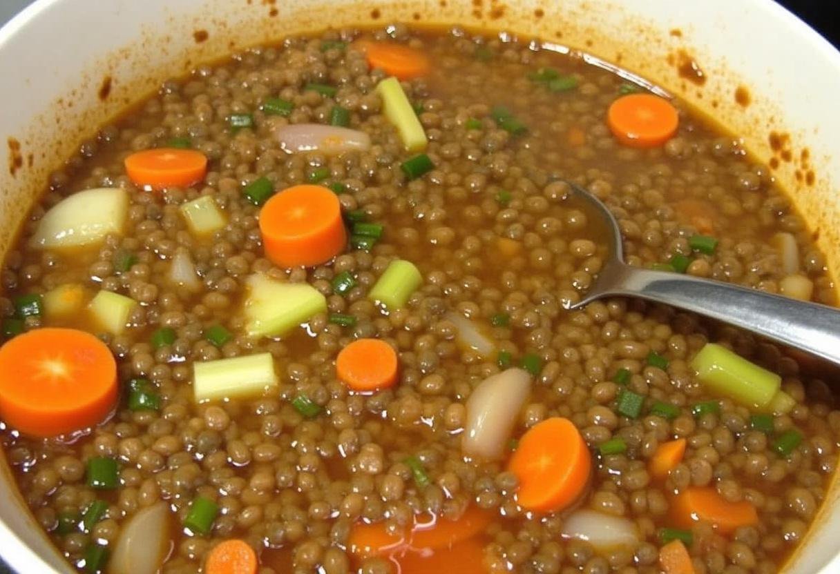 Mélange des lentilles, oignons, carottes et céleri dans une casserole pour la recette de lentilles aux lardons.