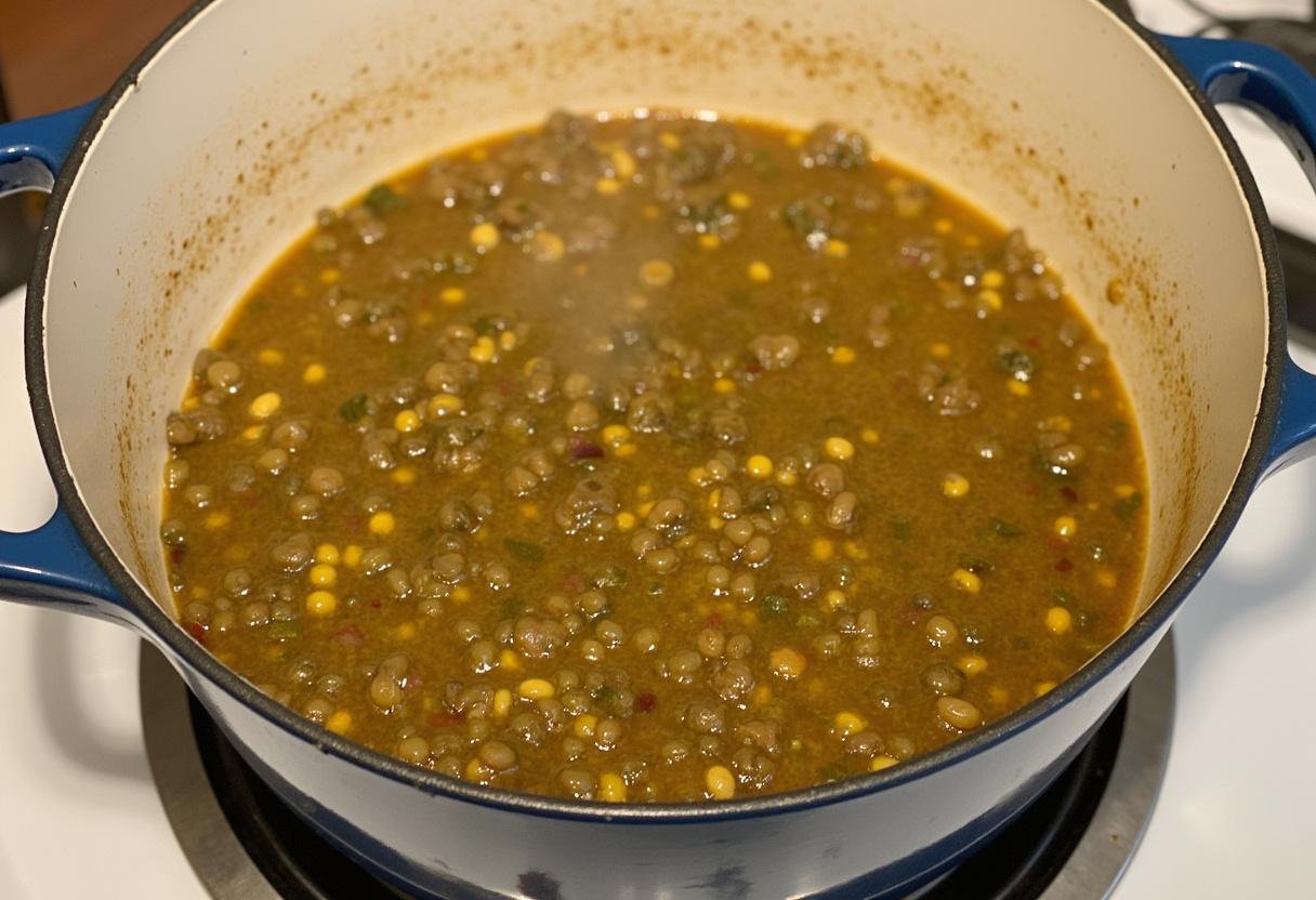 Cuisson des lentilles aux lardons mijotant doucement dans une casserole avec des légumes.
