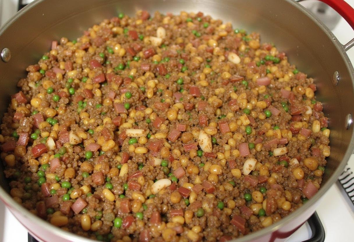 Ajout de lardons croustillants dans les lentilles cuites pour la recette réussie de lentilles aux lardons.