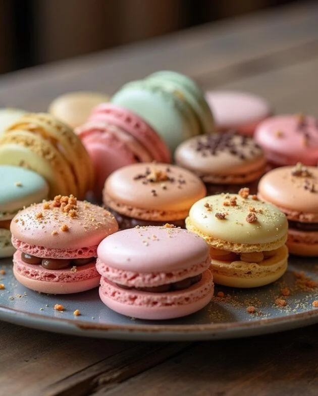 Assiette de macarons d'Amiens colorés, mettant en avant la spécialité Picarde sur une table en bois rustique.
