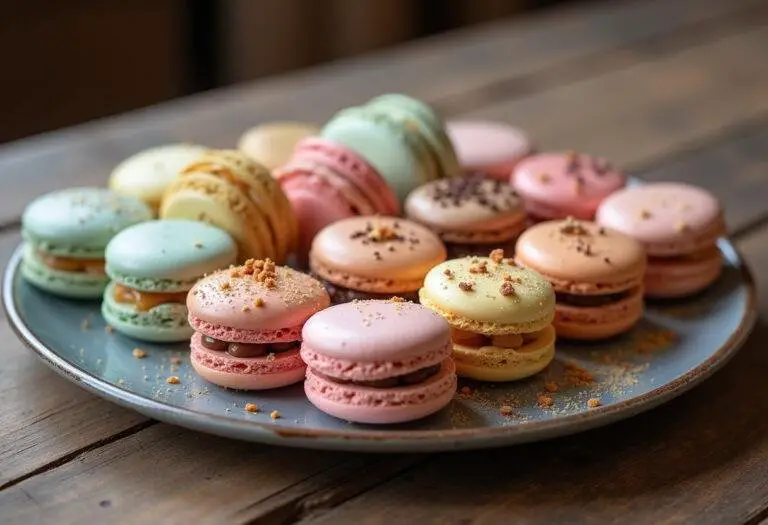 Assiette de macarons d'Amiens colorés, mettant en avant la spécialité Picarde sur une table en bois rustique.