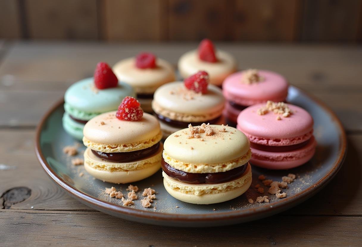Assiette de macarons d'Amiens colorés, mettant en avant la spécialité Picarde sur une table en bois rustique.