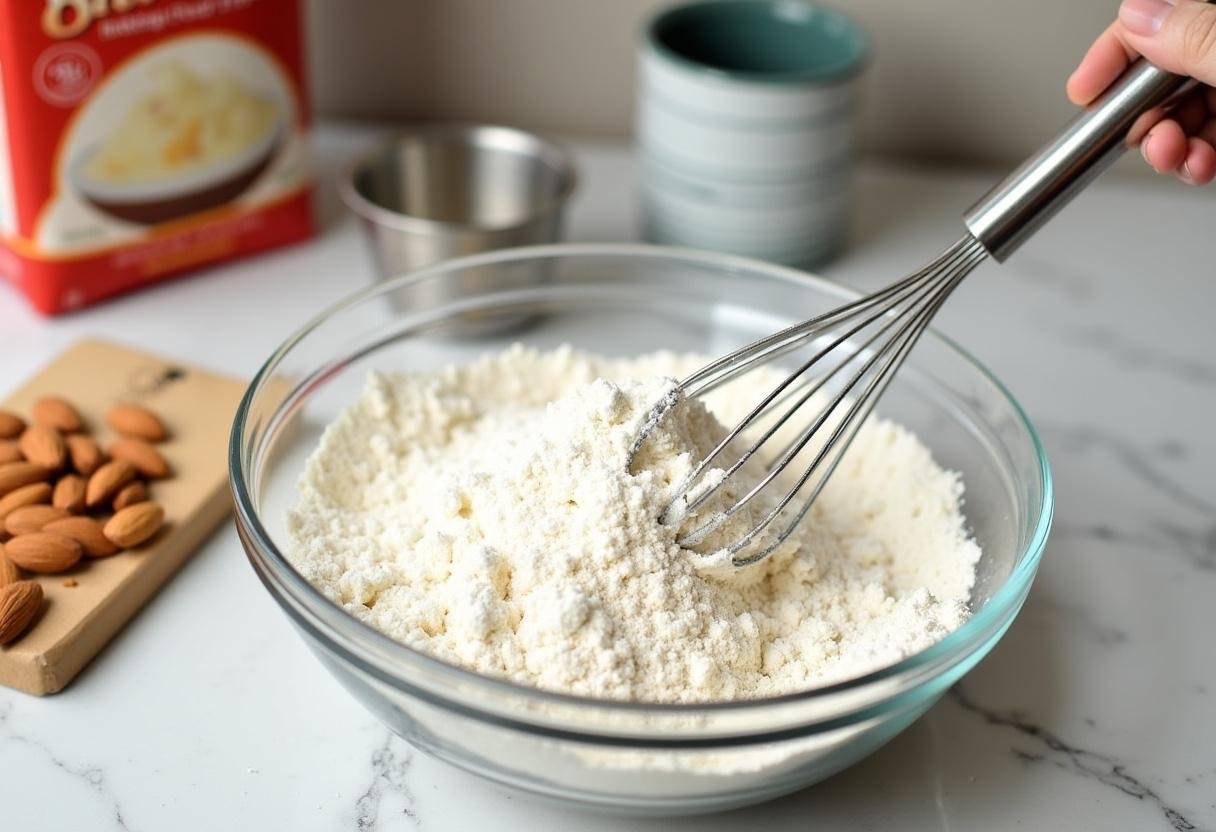Mélanger de la farine d'amande et du sucre en poudre pour des macarons d'Amiens délicats.