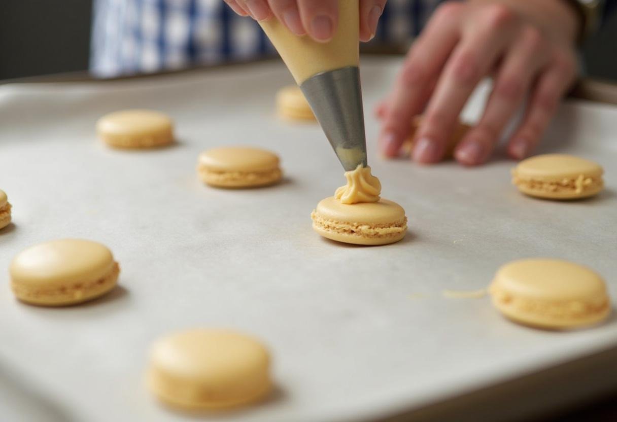 Dresser des macarons d'Amiens sur une plaque à pâtisserie, prêts à être cuits.