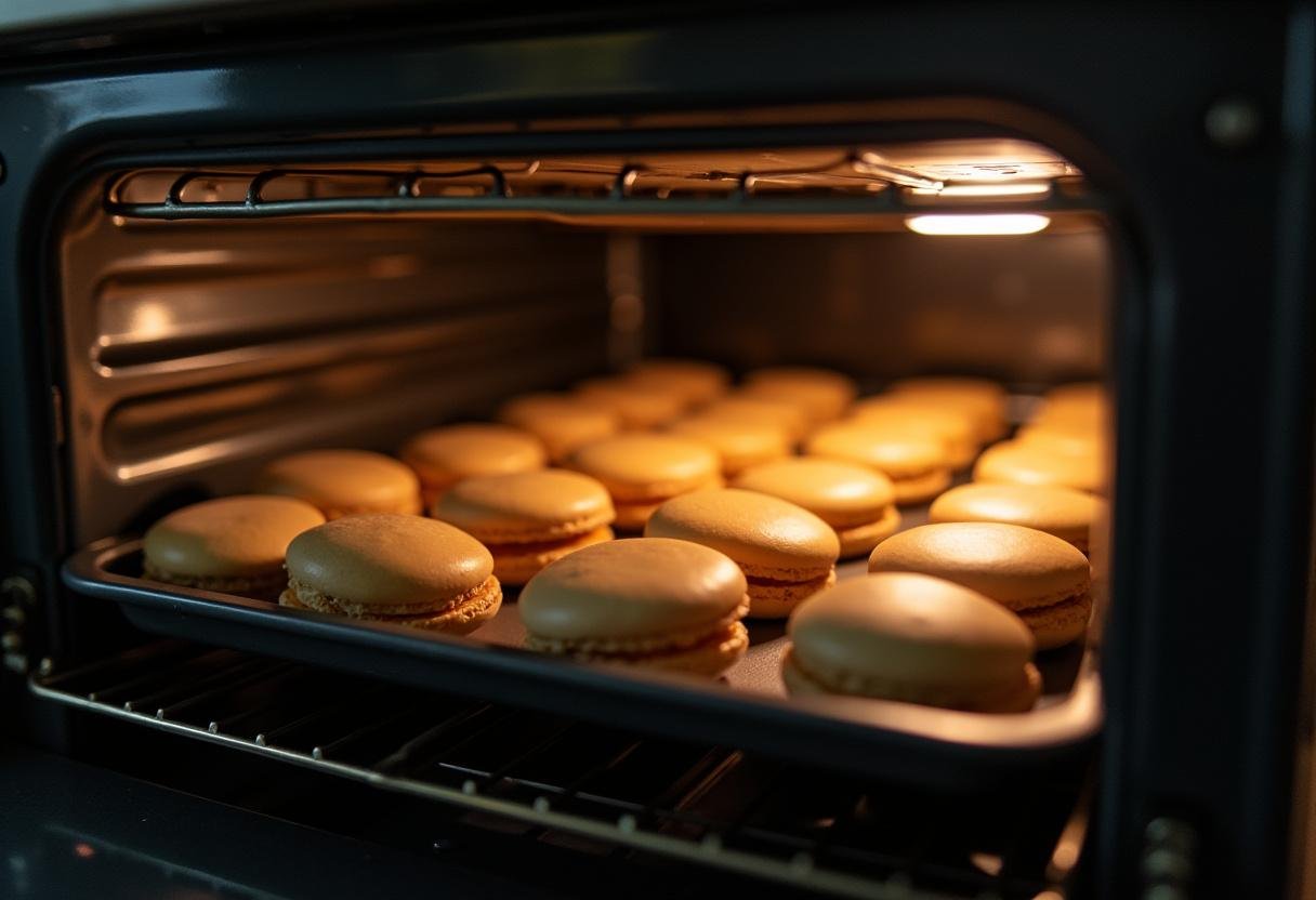 Cuisson des macarons d'Amiens dans le four, créant une texture parfaite et une couleur dorée.