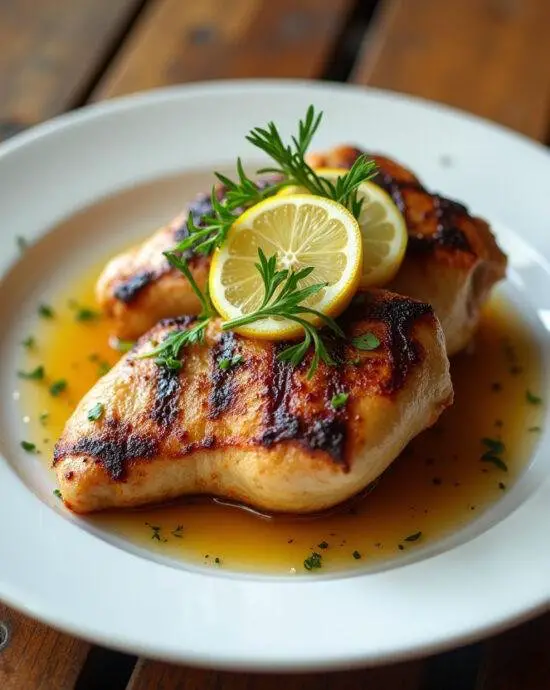 Présentation finale de poulet au citron grillé, plat élégant avec des herbes fraîches et des tranches de citron.