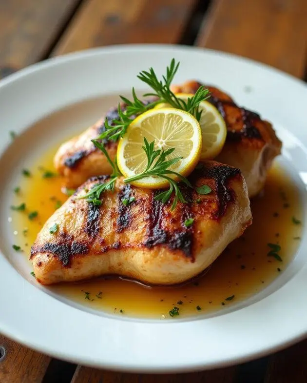 Présentation finale de poulet au citron grillé, plat élégant avec des herbes fraîches et des tranches de citron.