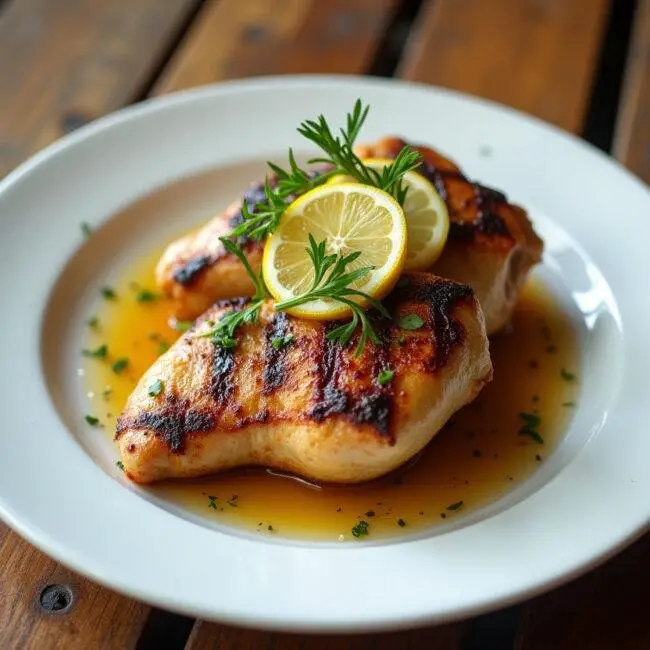 Présentation finale de poulet au citron grillé, plat élégant avec des herbes fraîches et des tranches de citron.