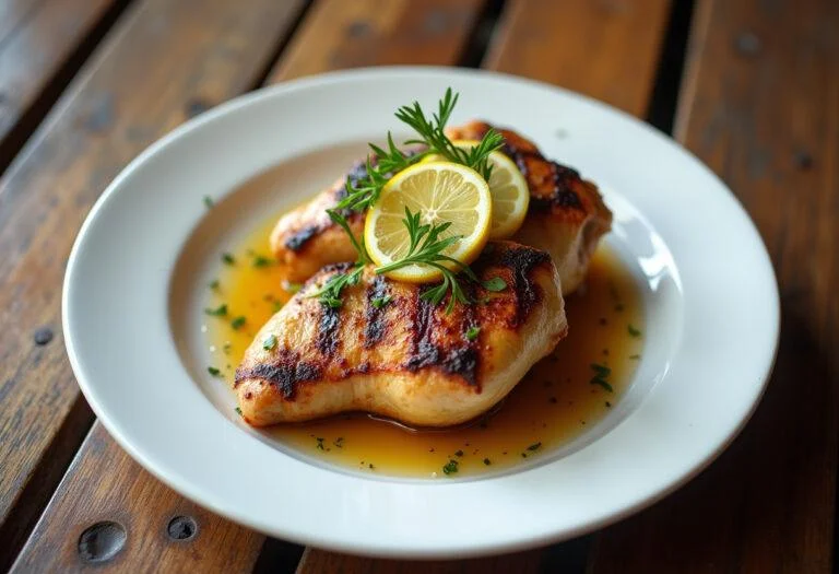Présentation finale de poulet au citron grillé, plat élégant avec des herbes fraßches et des tranches de citron.