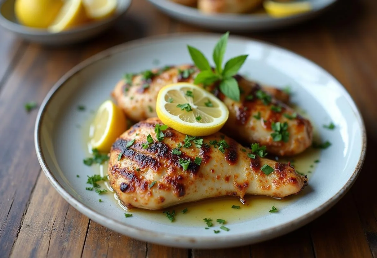Présentation finale de poulet au citron grillé, plat élégant avec des herbes fraßches et des tranches de citron.