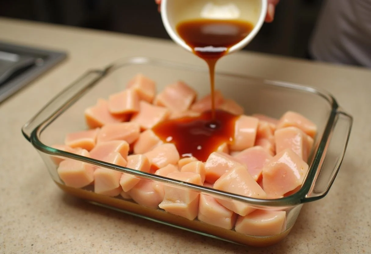 Ajout de la marinade pour blanc de poulet dans un plat en verre, les morceaux de poulet sont bien enrobés.