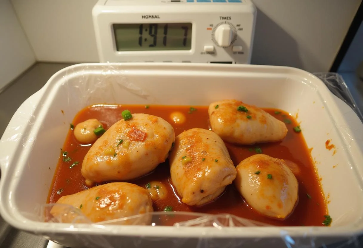 Marinade pour poulet au citron dans le rĂ©frigĂ©rateur, le plat est couvert et prĂȘt pour mariner.