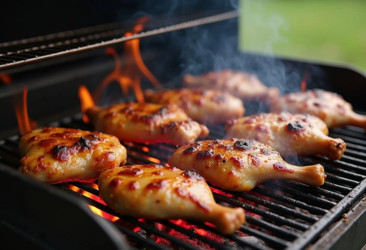 Poulet au citron en train de griller sur un barbecue, les arÎmes se dégagent pendant la cuisson.