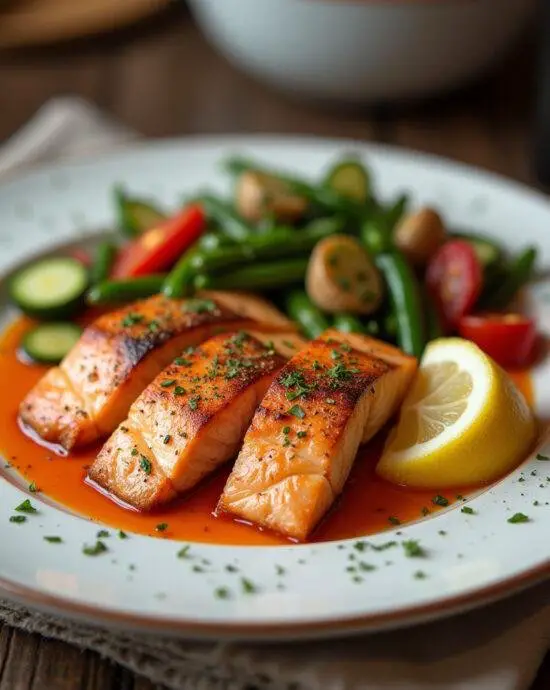 Saumon cuit joliment présenté avec des légumes vapeur et un quartier de citron, mettant en avant la marinade savoureuse pour saumon.