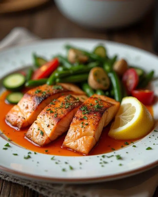 Saumon cuit joliment présenté avec des légumes vapeur et un quartier de citron, mettant en avant la marinade savoureuse pour saumon.