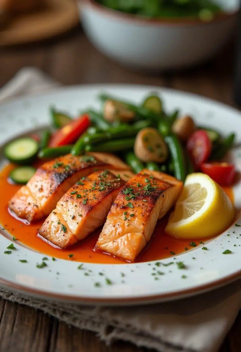 Saumon cuit joliment présenté avec des légumes vapeur et un quartier de citron, mettant en avant la marinade savoureuse pour saumon.